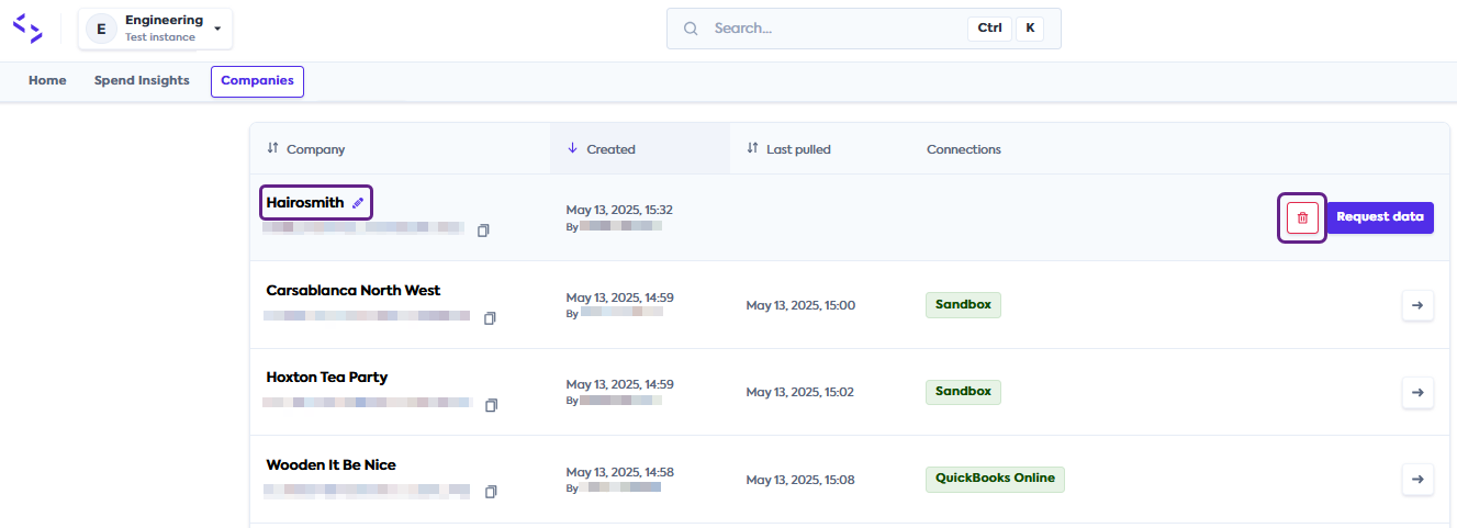 An image of the Companies tab with four companies listed as examples. A pencil icon and a trash icon are visible and highlighted next to a company entry called Hairosmith.