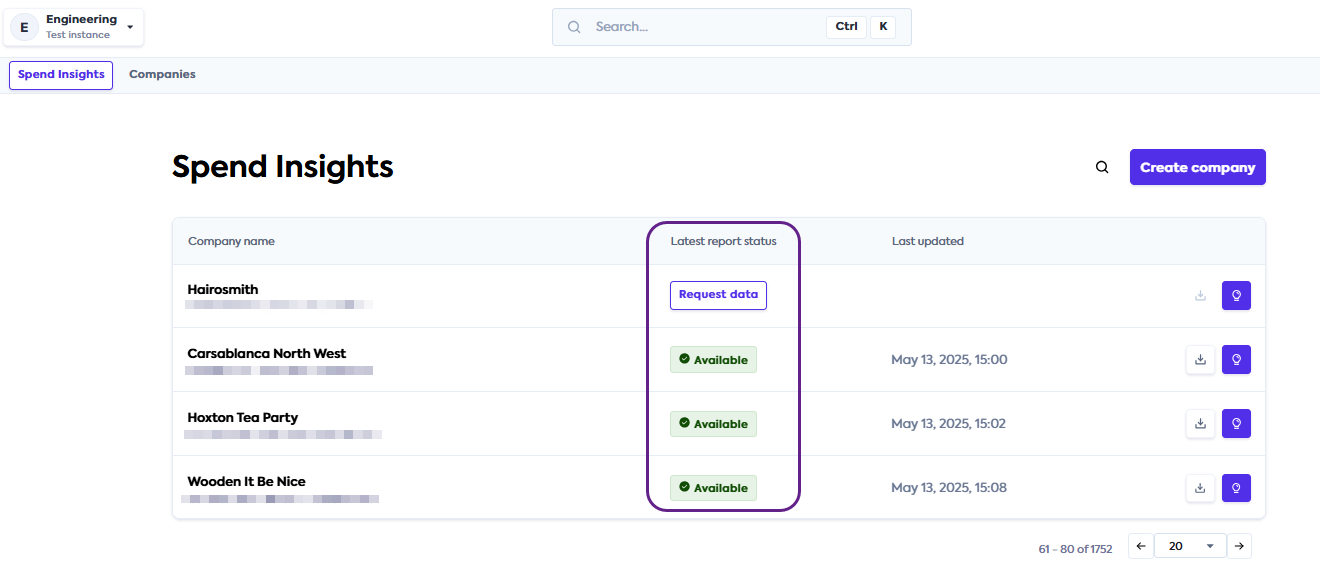 An image of the Portal user interface on the Spend Insights tab with four companies listed and their statuses highlighted.